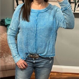NWOT Zenana Waffle Knit Sky Blue Long Sleeve Raw Hem